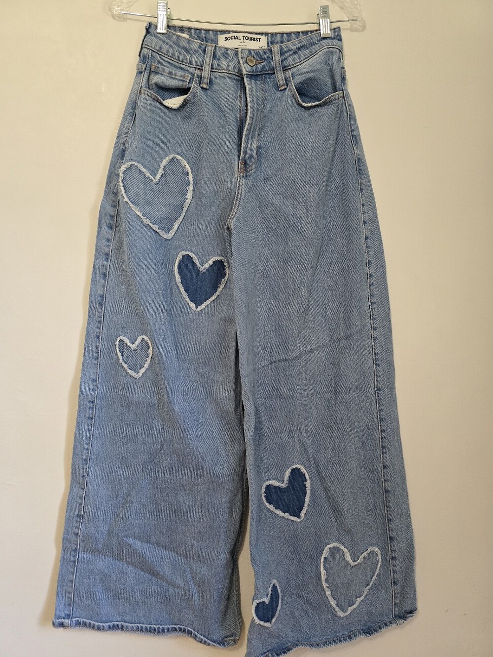 SOClAL TOURIST Light Blue Wide Leg Heart Patch Jeans.
